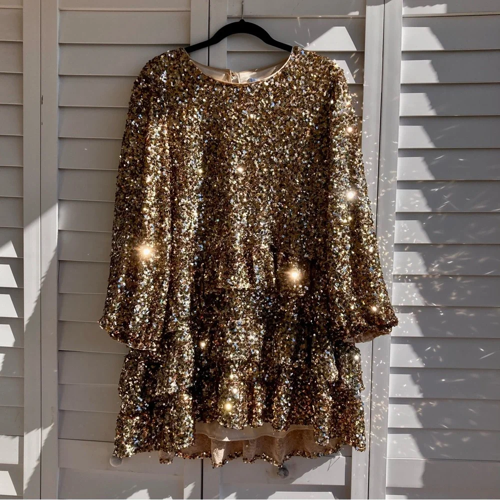 Antonio Melani Gold Sequin Ruffle Mini Dress Size 14 NWT